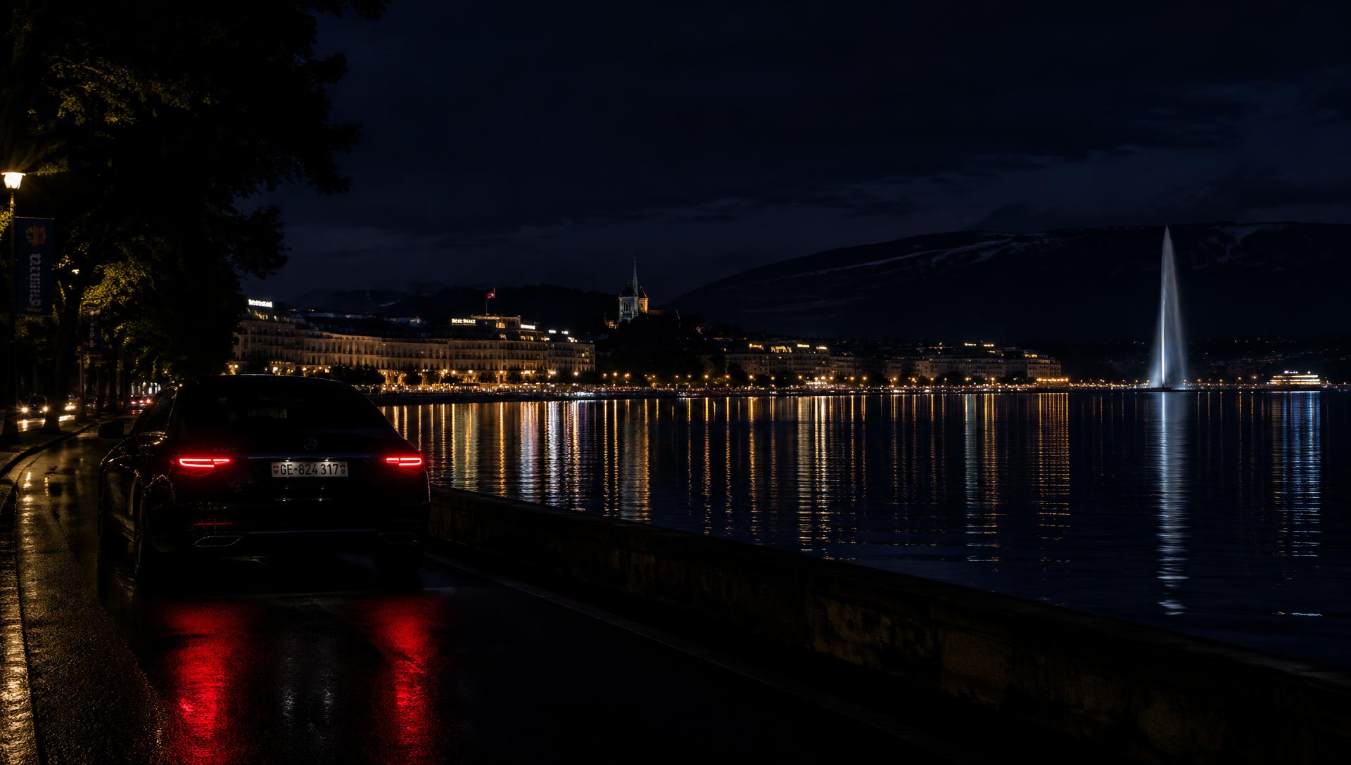 Rive du lac Léman de nuit avec une berline noire