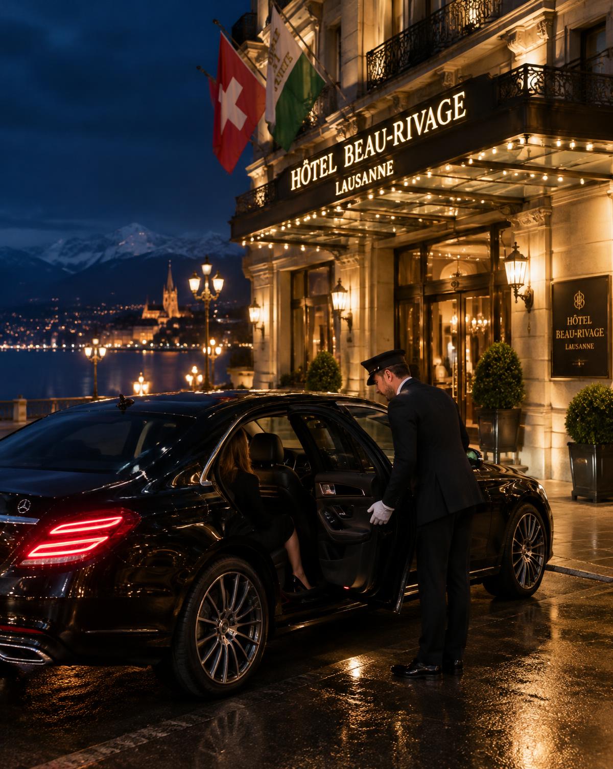 Chauffeur ouvrant la portière d'une berline noire devant un grand hôtel de Lausanne la nuit